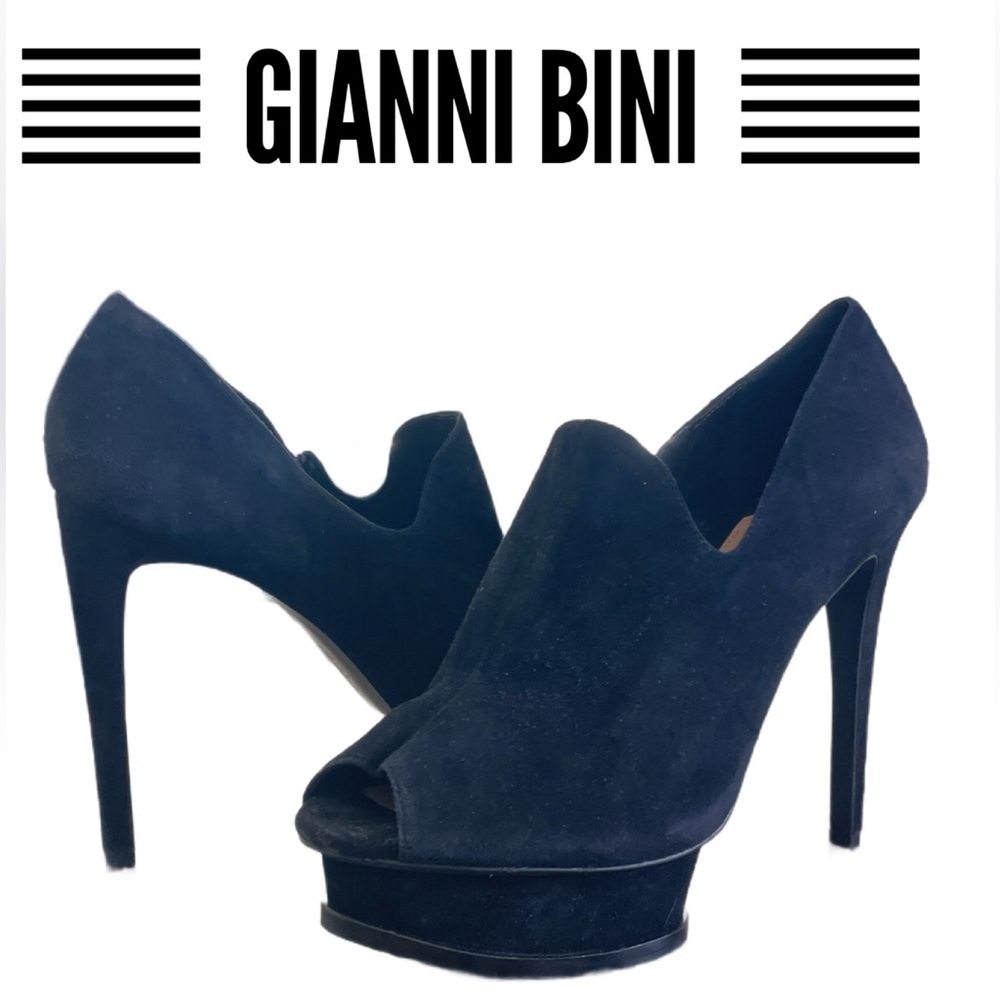 New Gianni Bini Black Suede Open Toe Platform Ankle Boot Heel Size 9.5